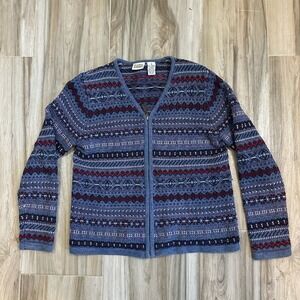 VTG Cardigan Sweater Womens Size Small Fair Isle Zip Up Blue Red Grannycore Cozy